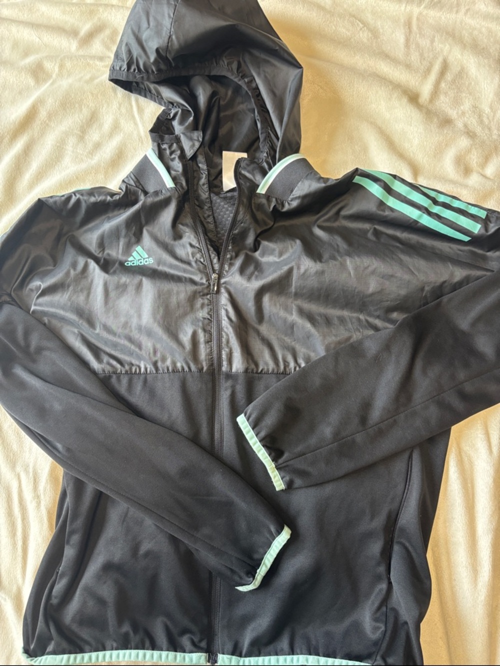 adidas Black Hooded Track Jacket with Mint Trim
